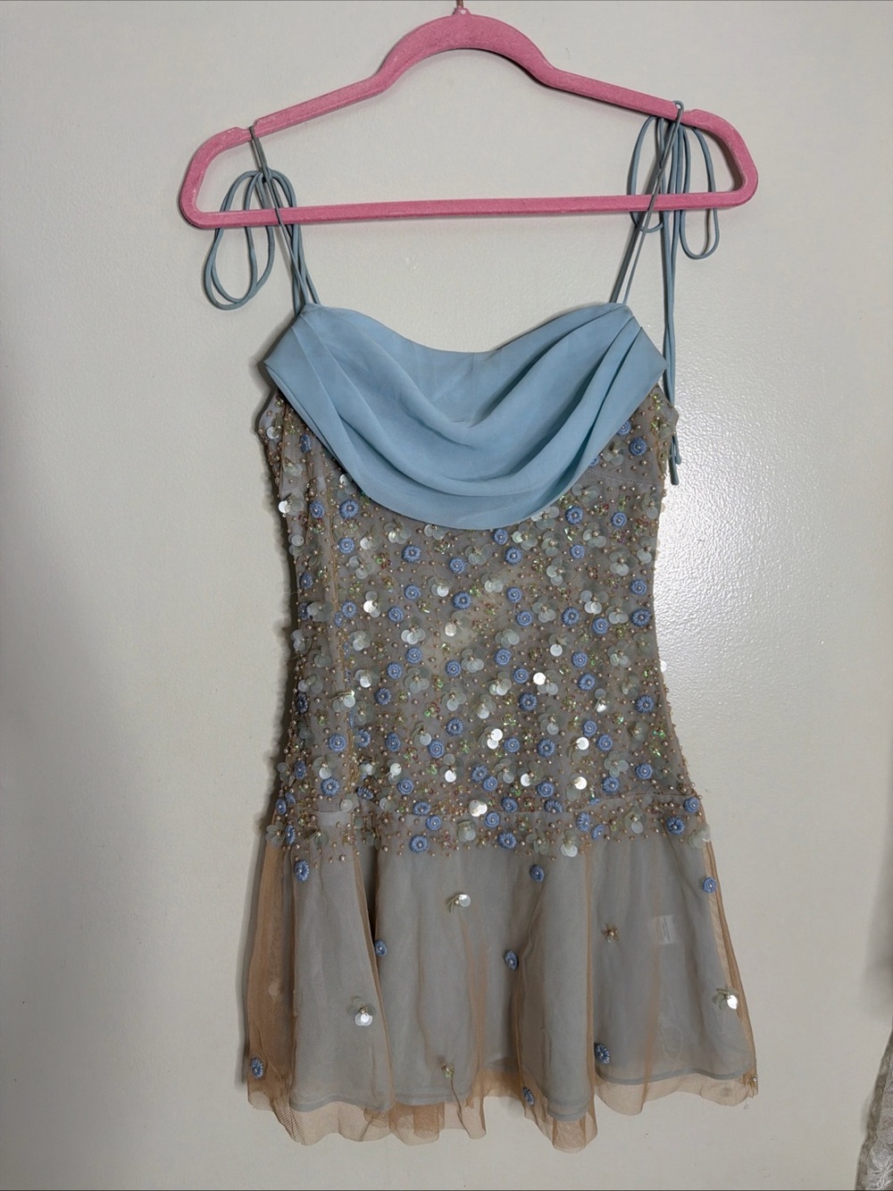 For Love & Lemons Floral Soiree Embellished Sequins Cowl Neck Mini Dress - Picture 3 of 7